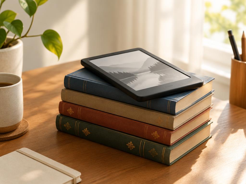 E-reader op een stapel boeken op een bureau