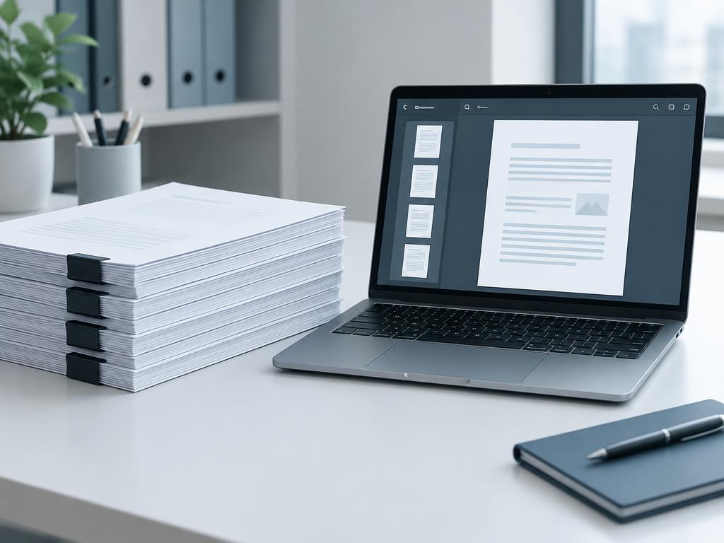 Laptop met een pdf-document en een stapel documenten