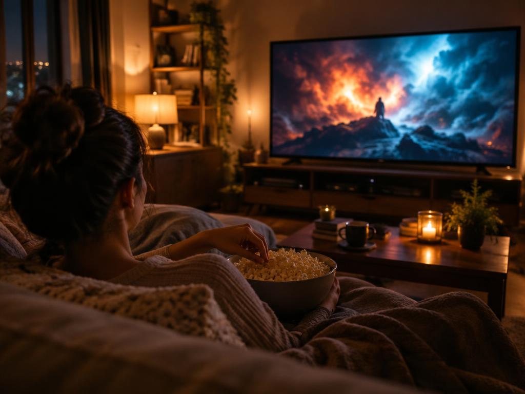 Series kijken op de bank met popcorn